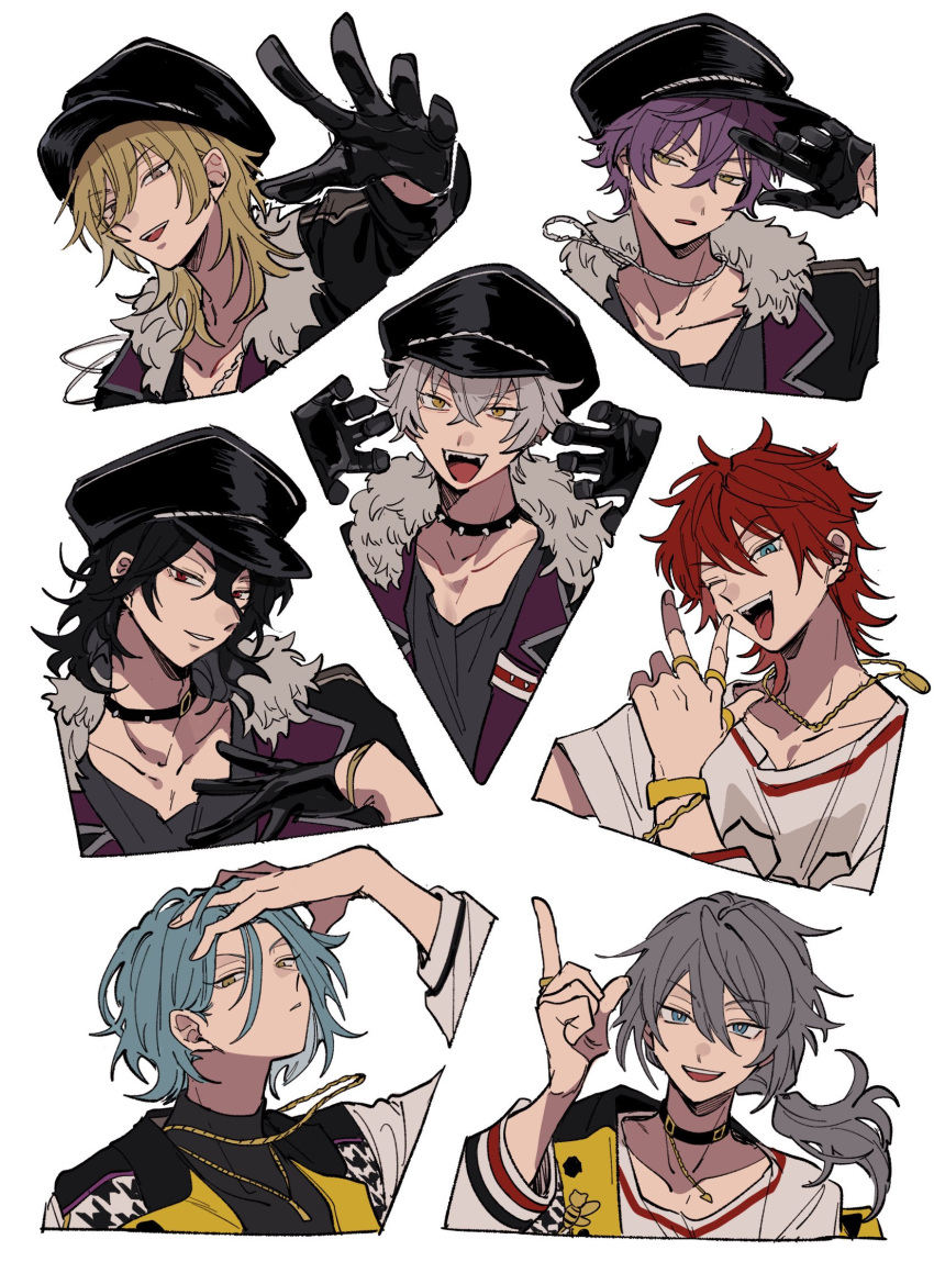 6+boys amagi_rinne aoi_(yooo009) aqua_hair black_choker black_gloves black_hair black_jacket blonde_hair blue_eyes brown_eyes choker claw_pose collarbone ensemble_stars! fur_trim gloves grey_hair grin hair_between_eyes hakaze_kaoru hand_on_own_chest hat highres himeru_(ensemble_stars!) jacket jewelry long_sleeves looking_at_viewer male_focus military_hat multiple_boys necklace non-web_source ogami_koga one_eye_closed open_clothes open_mouth otogari_adonis piercing purple_hair red_eyes red_hair sakuma_rei_(ensemble_stars!) shiina_niki shirt short_hair simple_background smile teeth tongue tongue_out upper_body white_background yellow_eyes