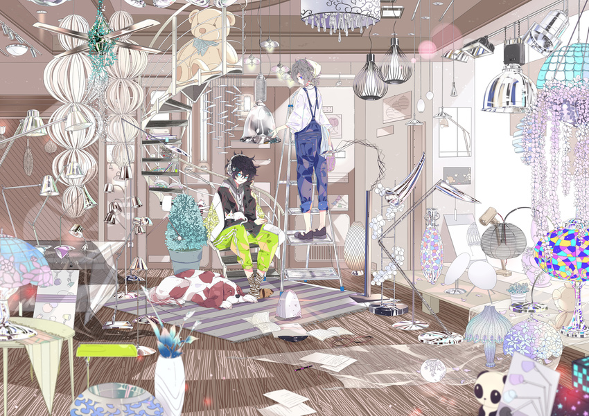 black_hair blue_eyes book cat ceiling_fan chandelier dog grey_hair headphones highres holding hpknight ladder lamp looking_at_viewer multiple_boys notepad original overalls pale_color rug slippers smile spiral_staircase stairs stuffed_animal stuffed_toy teddy_bear track_suit