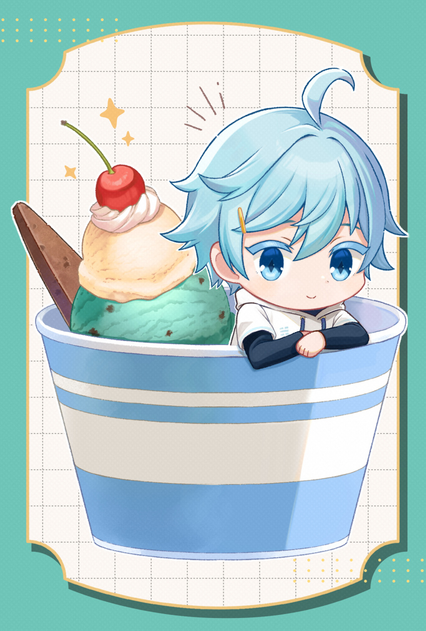 1boy blue_eyes blue_hair cherry chibi chocolate chongyun_(genshin_impact) closed_mouth cup disposable_cup food fruit fukaya_miku genshin_impact hair_between_eyes hair_ornament hairclip highres hood hoodie ice_cream long_sleeves looking_at_viewer male_focus short_hair simple_background smile solo white_hoodie