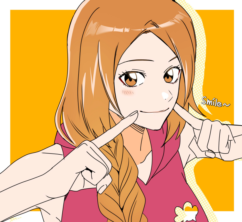 1girl absurdres bleach border braid braided_ponytail brown_eyes close-up closed_mouth commentary_request drop_shadow eyebrows_hidden_by_hair eyelashes finger_to_cheek hands_up happy highres index_fingers_raised inoue_orihime korean_commentary light_blush long_hair looking_at_viewer low_ponytail n_(nauki_11) nose orange_background orange_hair parted_bangs pink_shirt shirt simple_background sleeveless sleeveless_shirt smile solo tsurime white_border