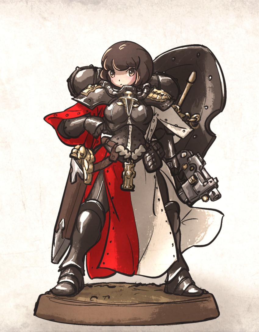 1girl adapted_costume adepta_sororitas armor armored_boots backpack bag bolt_pistol boobplate boots braid brown_eyes brown_hair english_commentary full_body gauntlets greaves gun handgun highres holding holding_gun holding_weapon ironlily kite_shield low_twin_braids miniature ordo_mediare_sisters_(ironlily) parody sheath sheathed shield shield_on_back solo sword tabard twin_braids twin_braids_sister_(ironlily) warhammer_40k weapon