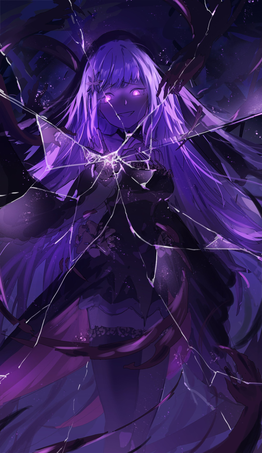 1girl absurdres bare_shoulders black_dress black_veil breasts commission cracked_screen crazy_smile dress glowing glowing_eyes hair_ornament highres knee_up long_hair looking_at_viewer medium_breasts multiple_hands purple_eyes purple_theme re:zero_kara_hajimeru_isekai_seikatsu ro_ka_ro_ka satella_(re:zero) shadow_hands short_dress smile solo thighhighs veil very_long_hair white_hair