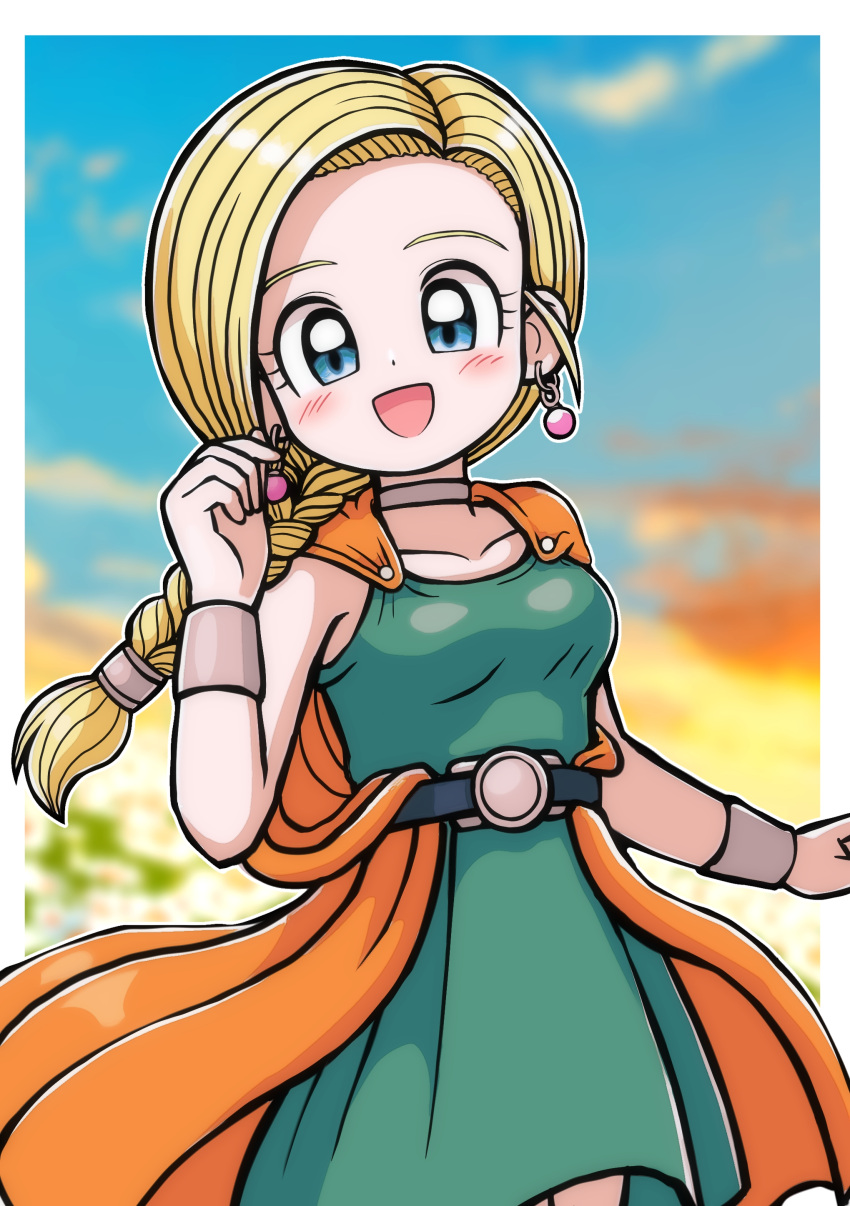 1girl absurdres belt bianca_(dq5) blonde_hair blue_eyes blue_sky blurry blurry_background blush border bracelet braid breasts cape cloud cloudy_sky collarbone commentary cowboy_shot dragon_quest dragon_quest_v dress earrings green_dress hand_up highres jewelry long_hair looking_at_viewer medium_breasts moyapippi neck_ring open_mouth orange_cape outdoors outside_border single_braid sky smile solo white_border