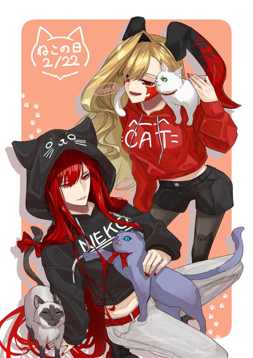 2girls animal_print black_hoodie black_horns black_shorts blonde_hair breasts cat cat_print dragon_horns drawstring fate/grand_order fate_(series) highres hiyoko_no_tamago hood hood_up hoodie horns long_hair long_horns looking_at_viewer midriff multiple_cats multiple_girls nero_claudius_(fate) oda_nobunaga_(fate) oda_nobunaga_(maou_avenger)_(fate) pantyhose queen_draco_(fate) queen_draco_(third_ascension)_(fate) red_eyes red_hair red_hoodie red_scales shorts smile very_long_hair wavy_hair