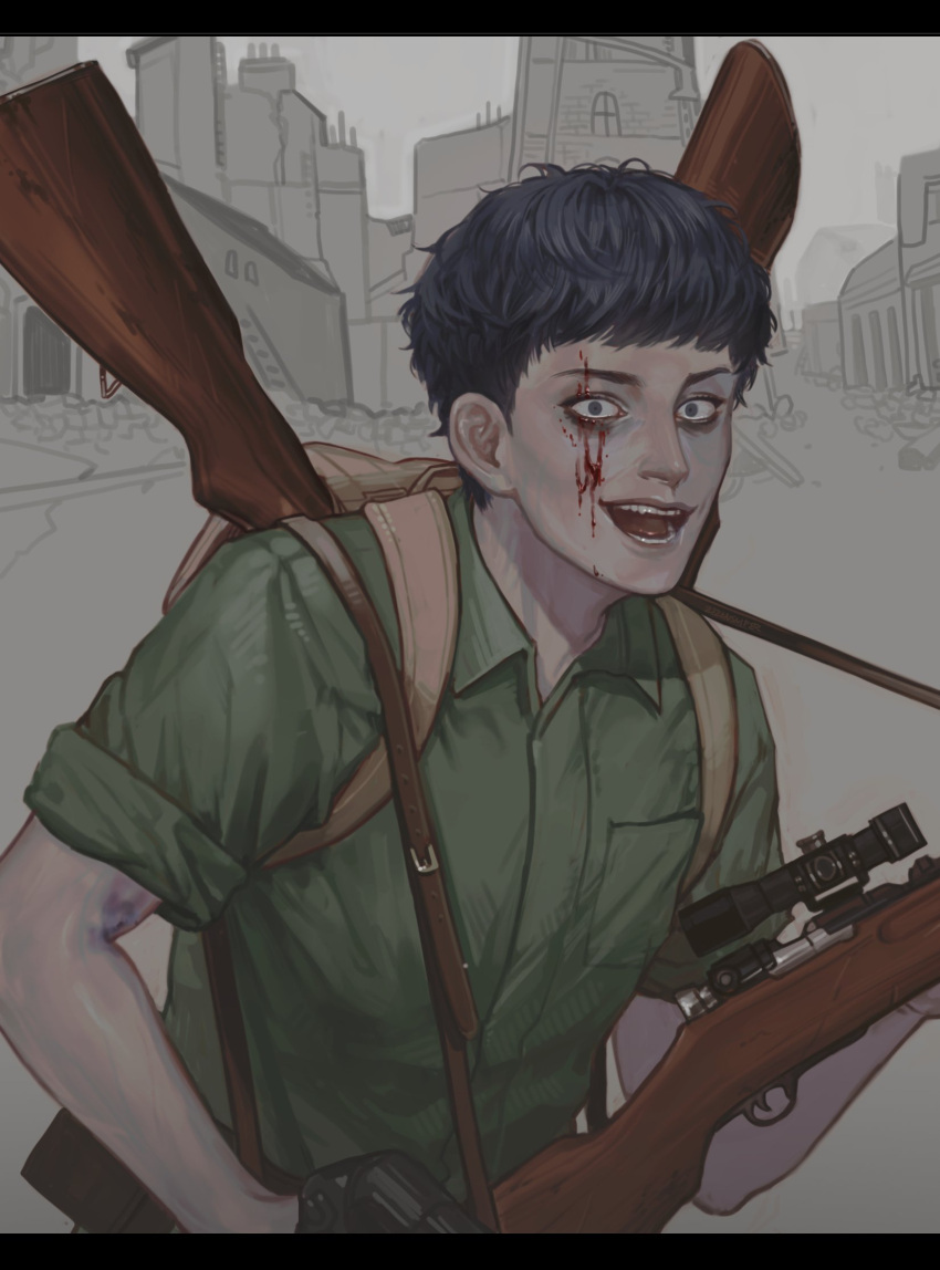 1boy backpack bag black_hair blood blood_on_face brown_bag crazy_eyes crazy_smile english_commentary fear_&amp;_hunger fear_&amp;_hunger_2:_termina green_jumpsuit gun gun_on_back gun_sling highres holding holding_gun holding_weapon jumpsuit levi_(fear_&amp;_hunger) looking_at_viewer male_focus open_mouth rifle scope short_hair smile sniper_rifle solo upper_body weapon weapon_on_back zizonsniper