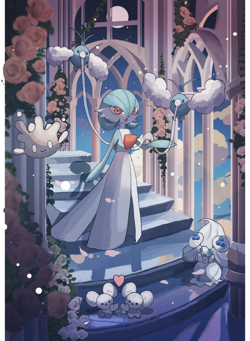 :o alcremie alcremie_(berry_sweet) alternate_color blue_hair blue_sky cloud dress flower flying gardevoir heart highres milcery moon open_mouth pink_flower pink_rose pokemon pokemon_(creature) red_eyes reo_(mmocc123) rose shiny_pokemon sky stairs swablu tandemaus