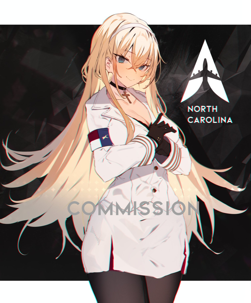 1girl aircraft airplane armband azur_lane black_bra black_gloves black_pantyhose blonde_hair blue_eyes bra breasts character_name choker cleavage closed_mouth commission cowboy_shot cross cross_choker gloves hair_between_eyes hairband highres jacket large_breasts long_hair looking_at_viewer military_jacket military_uniform north_carolina_(azur_lane) pantyhose solo soukou_makura underwear uniform white_hairband white_jacket