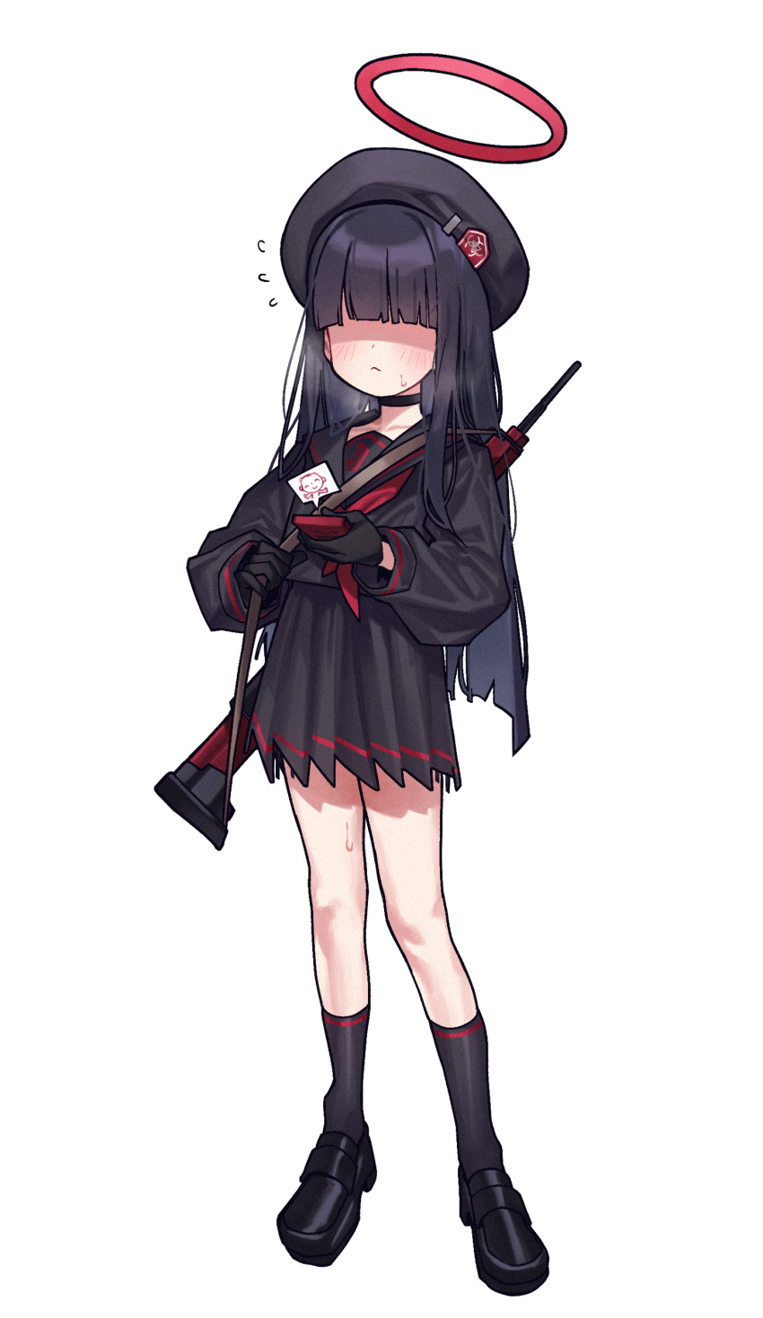 1girl absurdres assault_rifle beret black_gloves blue_archive blunt_bangs choker doodle_sensei_(blue_archive) gloves gun hair_over_eyes halo hat highres justice_task_force_member_(blue_archive) loafers long_hair pleated_skirt rifle school_uniform sensei_(blue_archive) serafuku shoes simple_background skirt waa153 weapon white_background