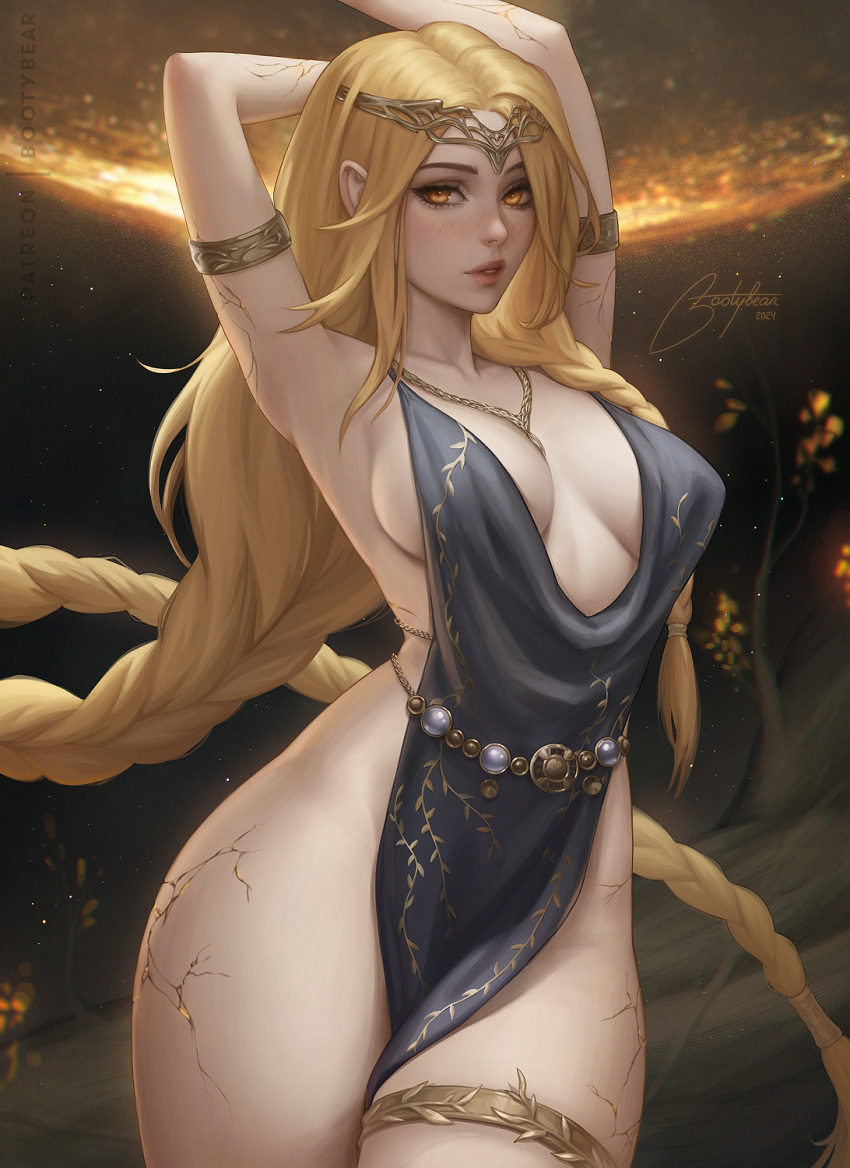 1girl armlet arms_behind_head bare_shoulders black_dress blonde_hair bootybear breasts broken_skin cracked_skin dress elden_ring gold_belt gold_circlet highres jewelry large_breasts lips long_hair looking_at_viewer metal_belt necklace no_panties plunging_neckline queen_marika_the_eternal sleeveless sleeveless_dress solo thighlet very_long_hair yellow_eyes
