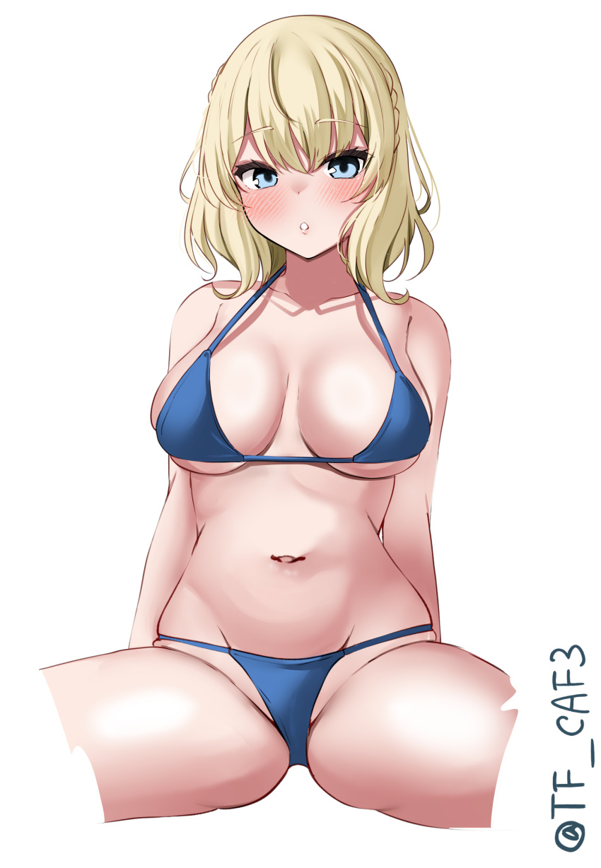 1girl alternate_costume bare_shoulders bikini blonde_hair blue_bikini blue_eyes blush breasts cleavage colorado_(kancolle) commentary_request highres kantai_collection medium_hair navel one-hour_drawing_challenge parted_lips solo swimsuit tf_cafe twitter_username