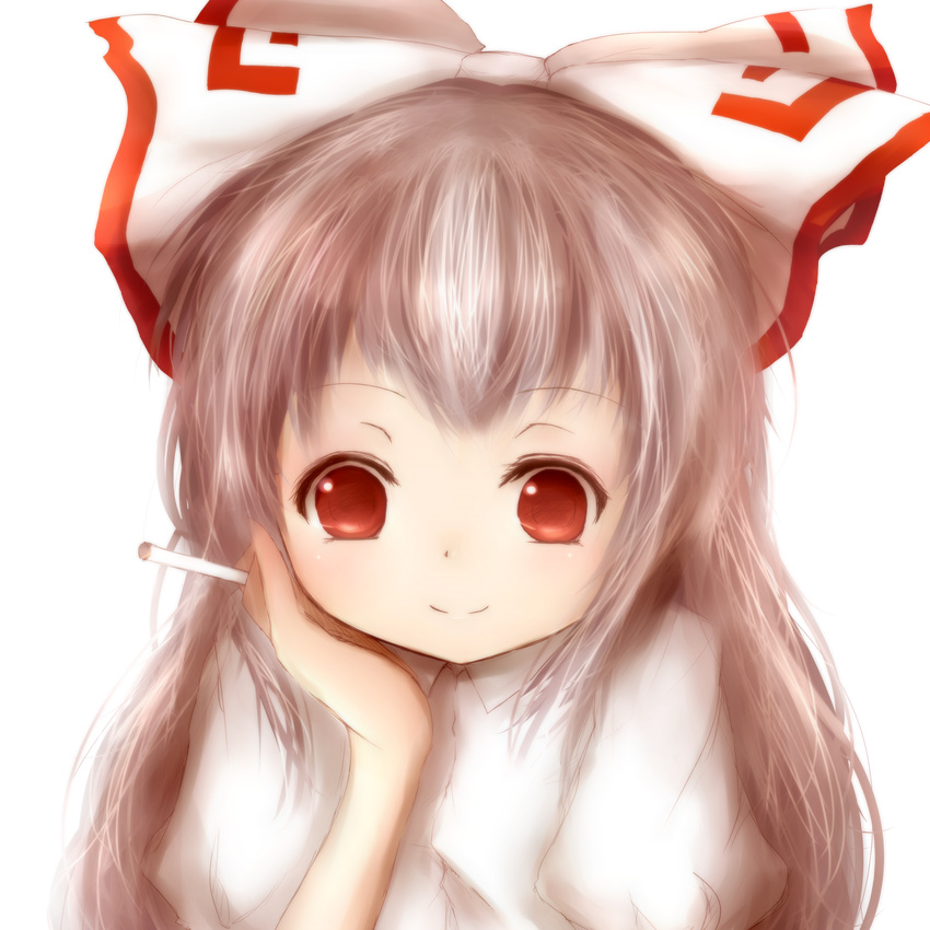 amanojaku bad_id bad_pixiv_id bow chin_rest cigarette fujiwara_no_mokou hair_bow highres long_hair looking_at_viewer red_eyes shirt silver_hair smile solo touhou transparent_background upper_body