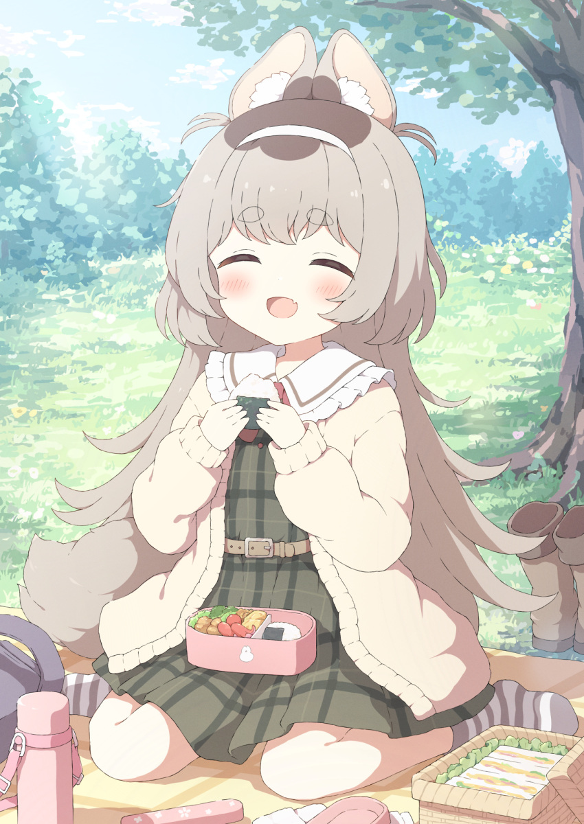 1girl animal_ears bento bobby_socks boots brown_socks closed_eyes commission dress fang food full_body green_dress highres onigiri original outdoors picnic picnic_blanket sandwich sitting skeb_commission skin_fang smile socks thermos tyakomes variant_set wariza