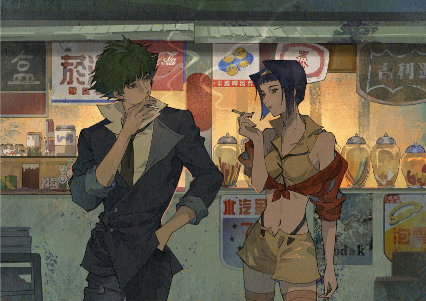 1boy 1girl breasts cigarette coca-cola cowboy_bebop faye_valentine green_hair highres lipstick makeup messy_hair navel necktie purple_hair shirt shop smoking spike_spiegel standing xian033