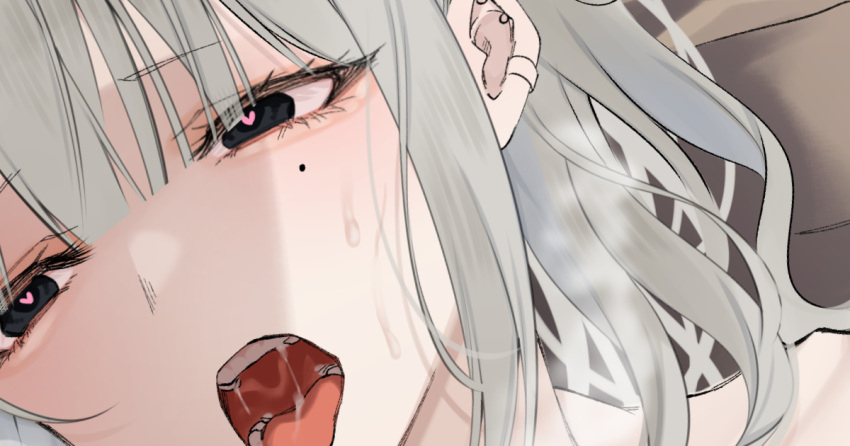 1boy black_eyes blush completely_nude cropped cum ear_piercing facial heart heart-shaped_pupils long_hair looking_to_the_side male_focus mole mole_under_eye nude open_mouth original otoko_no_ko piercing saliva shisei_(kyuushoku_banchou) solo symbol-shaped_pupils tongue white_hair