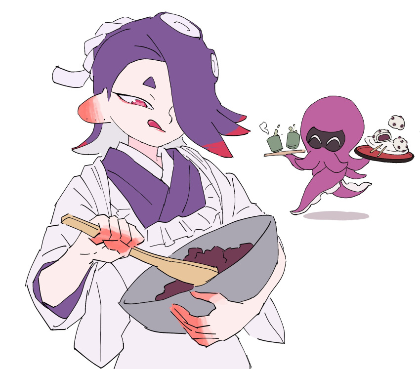 1girl :q ^_^ apron baking bowl cephalopod_eyes chibi closed_eyes closed_mouth cup food hachimaki hair_over_one_eye headband highres holding holding_bowl holding_spoon holding_tray jounetsu_(jonetunoaoitako) kappougi long_hair mixing_bowl mochi multicolored_hair multiple_views nejiri_hachimaki octoling octopus official_alternate_costume one_eye_covered purple_hair red_bean_paste red_eyes red_hair shiver_(splatoon) short_eyebrows splatoon_(series) splatoon_3 spoon suction_cups tentacle_hair tongue tongue_out tray two-tone_hair white_background wooden_spoon yunomi