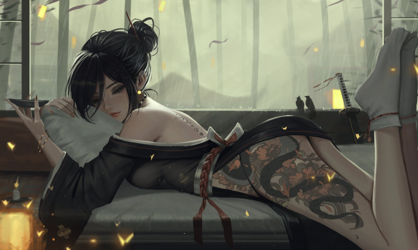 1girl ass_tattoo back_tattoo bamboo bamboo_forest bird black_hair black_kimono bracelet breasts closed_eyes cup dragon_tattoo forest full_body hair_bun hair_ornament hair_stick highres holding holding_cup japanese_clothes jewelry katana kimono lantern leg_tattoo lips nature neo_(neorarty3) obijime original sakazuki sheath sheathed socks solo sword tattoo weapon white_socks