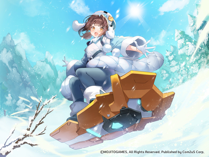 1girl :d apple_caramel black_footwear blue_sky boots branch breasts brown_eyes brown_hair character_request cloud collared_shirt commentary_request day dress_shirt fang fur_hat gloves grey_hat grey_pantyhose half_gloves hat highres long_hair long_sleeves medium_breasts official_art outdoors pantyhose shirt sky smile snow snowboard snowboarding solo starseed:_asnia_trigger sun tree white_gloves white_shirt wide_sleeves