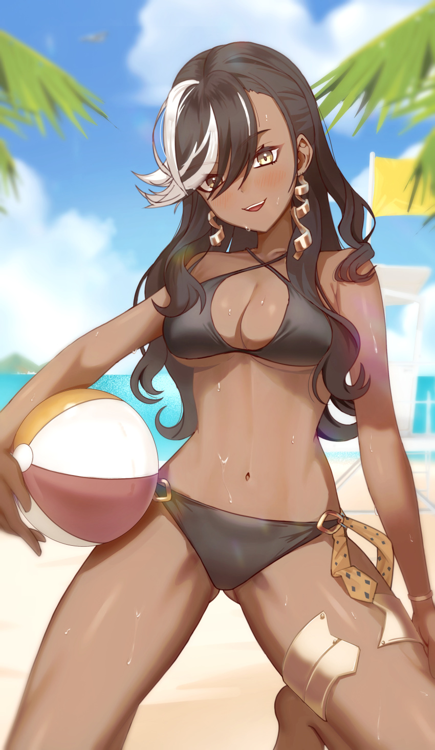 1girl :d absurdres ball bare_arms bare_shoulders barefoot beach beachball bikini black_bikini black_hair blue_sky blurry blurry_background breasts centurion_(reverse:1999) cleavage cloud cowboy_shot dark-skinned_female dark_skin day earrings hair_between_eyes highres holding holding_ball holding_beachball horizon jewelry leg_up long_hair looking_at_viewer medium_breasts multicolored_hair navel ocean outdoors reverse:1999 sand sky smile solo stomach streaked_hair string_bikini swept_bangs swimsuit taylor_(41848077) teeth thighlet upper_teeth_only wet white_hair yellow_eyes