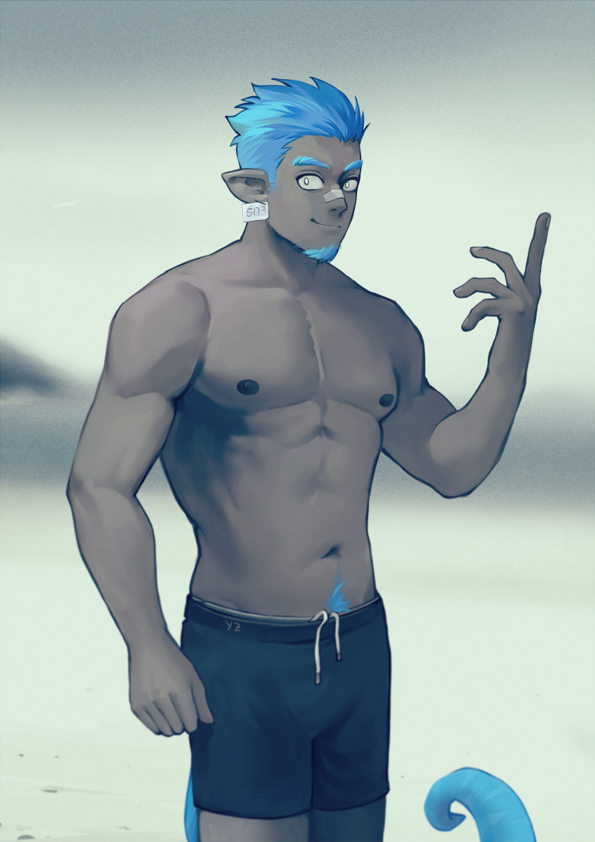 1boy abs absurdres arknights bara colored_skin cowboy_shot earrings ethan_(arknights) facial_hair goatee grey_skin highres jewelry looking_at_viewer male_focus navel nipples pointy_ears short_hair sideburns solo standing stomach thick_navel_hair topless_male yu_zhu