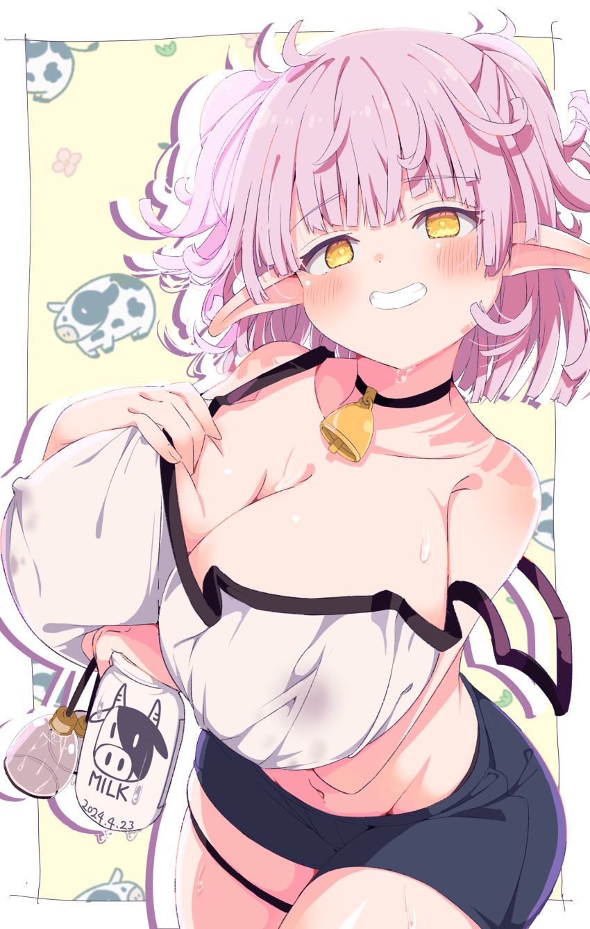 1girl absurdres bell black_shirt blush bottle breasts collarbone commission covered_nipples cow highres large_breasts long_hair milk_bottle neck_bell original pink_hair pointy_ears shiro9jira shirt shorts skeb_commission smile solo strap_slip sweat wet wet_clothes white_shirt yellow_eyes