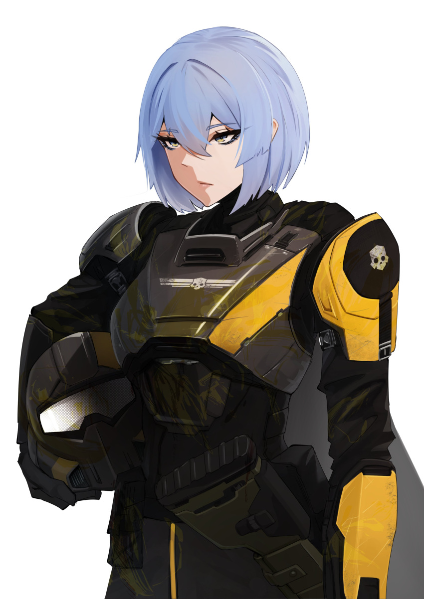 1girl absurdres armor blue_hair cape commentary cosplay crossover english_commentary gloves green_eyes gun hair_between_eyes helldiver_(helldivers) helldiver_(helldivers)_(cosplay) helldivers_(series) helmet highres holding makeup original saki_(the_atko) short_hair skull solo the_atko weapon