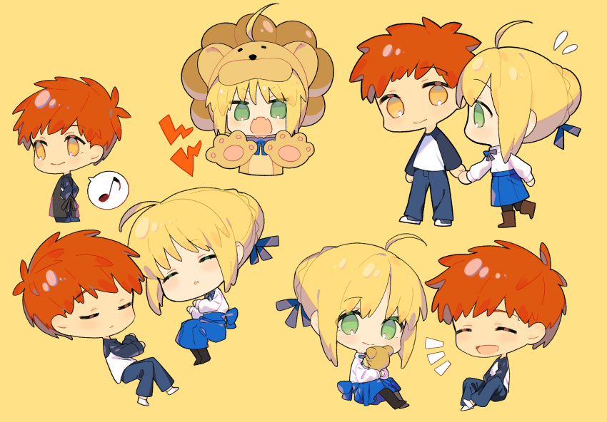 1boy 1girl ahoge animal_costume apron artoria_pendragon_(fate) black_apron black_pantyhose blonde_hair blue_bow blue_pants blue_ribbon blue_skirt boots bow bow_skirt braid braided_bun brown_footwear chibi closed_eyes closed_mouth denim emiya_shirou fangs fate/stay_night fate_(series) flying_sweatdrops green_eyes hair_bun hair_ribbon hands_up highres holding holding_hands holding_stuffed_toy hugging_object jeans lion_costume long_sleeves looking_at_another looking_at_viewer looking_to_the_side lying multiple_views musical_note neck_ribbon notice_lines nozawa_noko on_side open_mouth pants pantyhose raglan_sleeves red_hair ribbon saber_(fate) saber_lion shirt shoes short_hair simple_background sitting skin_fangs skirt sleeping smile socks spoken_musical_note standing stuffed_animal stuffed_lion stuffed_toy t-shirt walking white_shirt white_socks yellow_background yellow_eyes