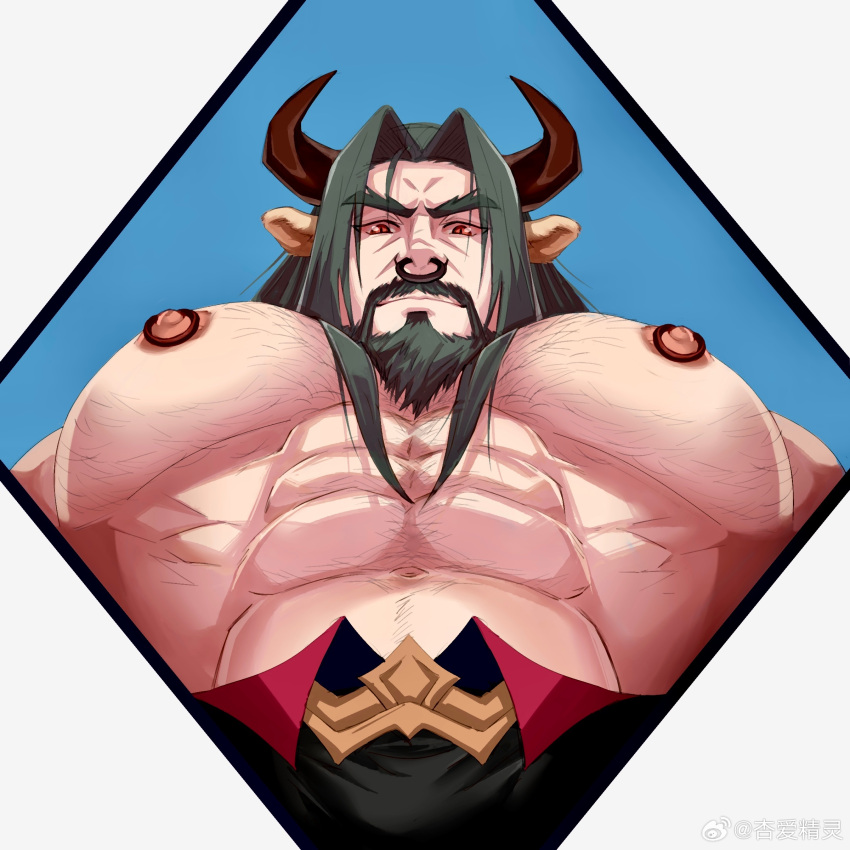 1boy absurdres animal_ears bara beard connected_beard deer_ears demon_horns facial_hair foreshortening from_below green_hair hachikenoko_(weigham) highres horns large_pectorals long_hair looking_at_viewer looking_down male_focus meme muscular muscular_male nipple_piercing nipple_rings nipples nose_piercing nose_ring old old_man original pectoral_focus pectorals photo-referenced piercing solo sparse_chest_hair thick_beard thick_eyebrows topless_male upper_body yur_oc_like_this_(meme)