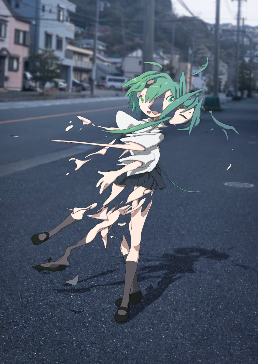 1girl absurdres collared_shirt disintegration dissolving green_eyes green_hair highres kneehighs mary_janes mendakoanime original outdoors photo_background pleated_skirt road shirt shoes skirt socks solo surreal white_shirt