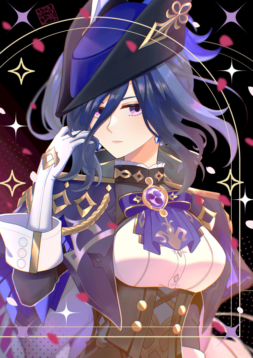 1girl absurdres ascot black_corset black_hair blue_ascot blue_hair blue_hat breasts clorinde_(genshin_impact) commentary corset epaulettes genshin_impact gloves hat hat_feather highres jewelry long_hair looking_at_viewer moonieclover purple_ascot purple_eyes shirt solo tricorne upper_body very_long_hair white_gloves white_shirt