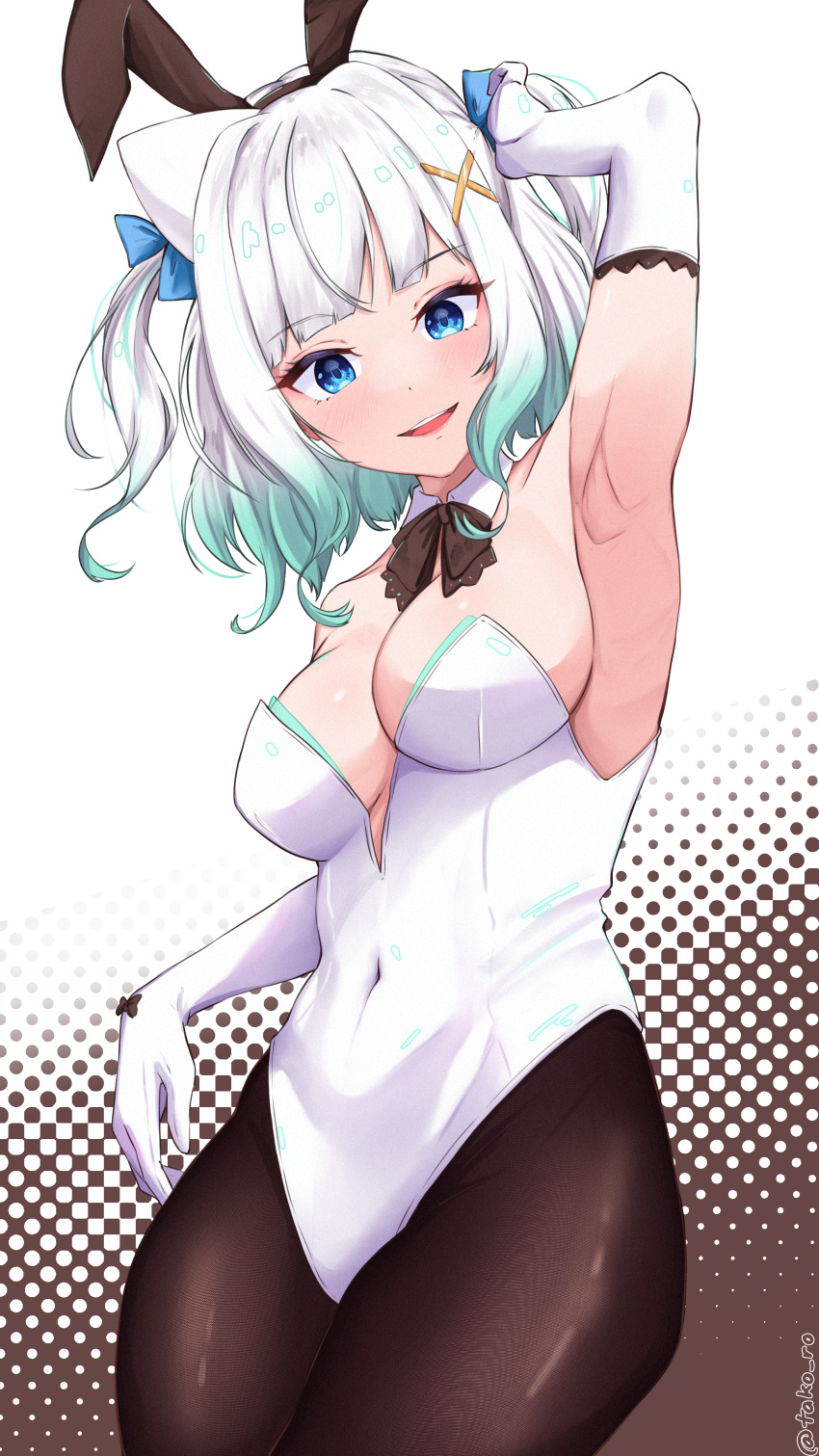 1girl absurdres animal_ears arm_up armpits bare_shoulders blue_eyes breasts covered_navel elbow_gloves fake_animal_ears ghost ghost_girl ghost_hair_ornament gloves gradient_hair green_hair highleg highleg_leotard highres indie_virtual_youtuber leotard looking_at_viewer medium_breasts mint_fantome multicolored_hair pantyhose playboy_bunny rabbit_ears smile solo strapless strapless_leotard takoroki triangular_headpiece two_side_up virtual_youtuber white_gloves white_hair white_leotard