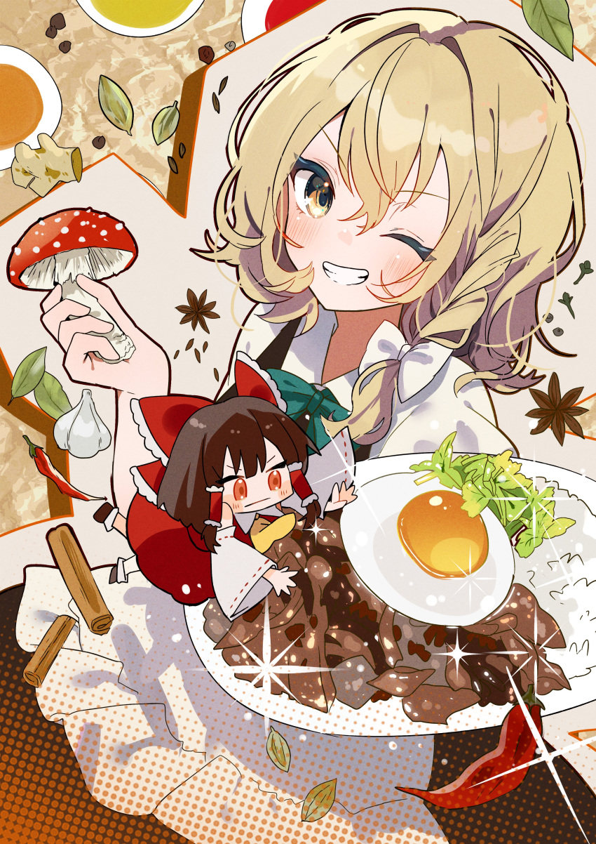 2girls ;d absurdres apron black_skirt black_vest blonde_hair blush bow braid chibi chibi_inset closed_mouth collared_shirt commentary_request egg food frilled_apron frilled_hair_tubes frills garlic green_ribbon grin hair_bow hair_tubes hakurei_reimu happy highres kirisame_marisa long_hair long_sleeves multiple_girls mushroom neck_ribbon one_eye_closed puffy_short_sleeves puffy_sleeves red_bow red_eyes red_skirt red_vest ribbon shirt short_sleeves side_braid skirt smile tamagogayu1998 touhou v-shaped_eyebrows vest waist_apron white_apron white_shirt white_sleeves wide_sleeves yellow_eyes