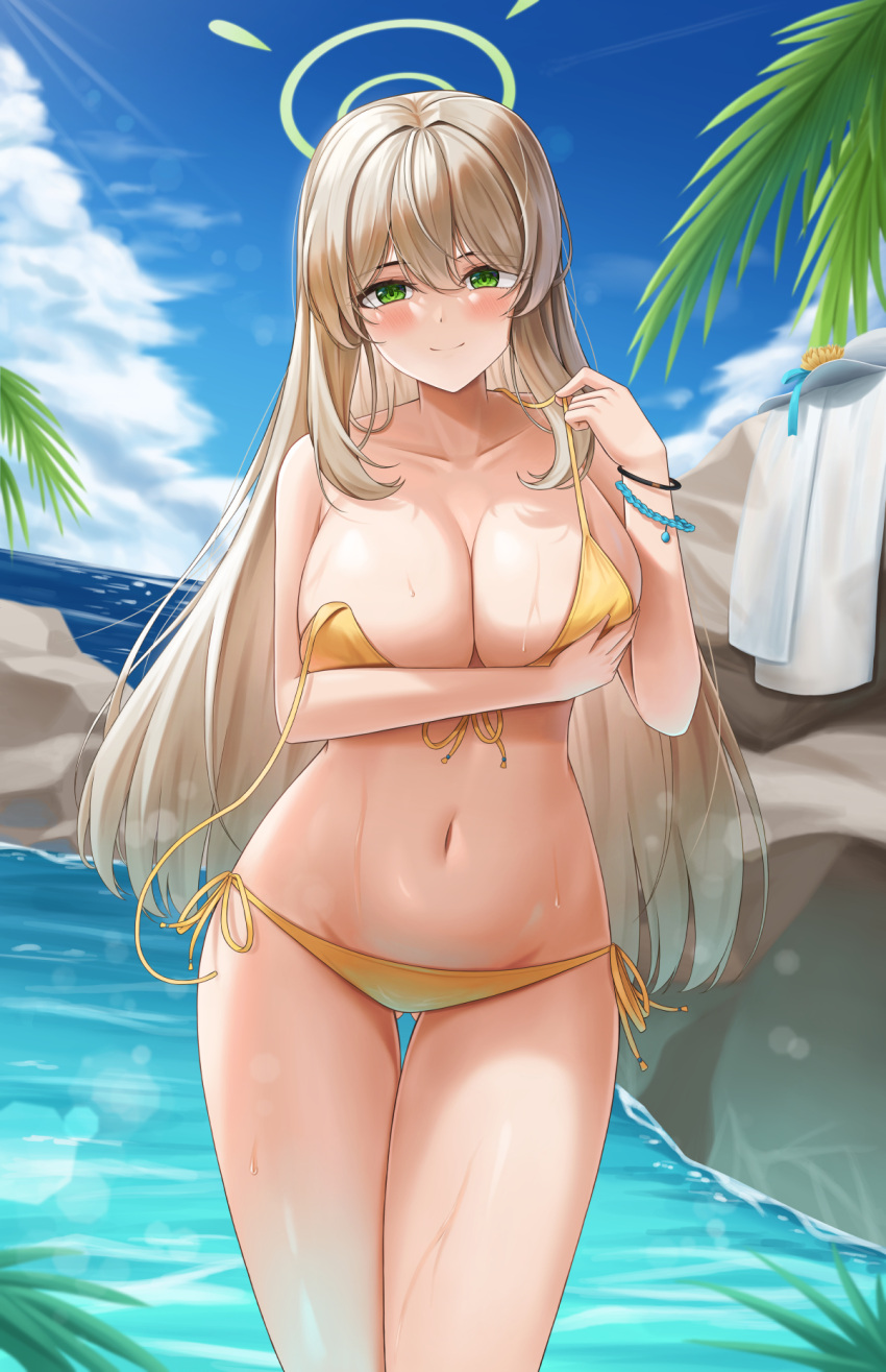 1girl ass_visible_through_thighs bikini blonde_hair blue_archive blue_sky breasts closed_mouth cloud commentary_request covering_breasts covering_privates cowboy_shot day green_eyes hair_between_eyes halo hat highres horizon large_breasts lazb. long_hair looking_at_viewer navel nonomi_(blue_archive) nonomi_(swimsuit)_(blue_archive) ocean official_alternate_costume outdoors sky smile solo standing sun_hat swimsuit thighs unworn_hat unworn_headwear very_long_hair white_hat white_towel yellow_bikini