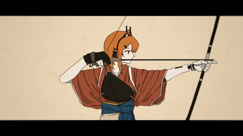 1girl a.i._voice adachi_rei aiming alternate_costume android archery arrow_(projectile) blue_hakama bow_(weapon) brown_background closed_mouth drawing_bow gloves hakama headlamp headphones highres holding holding_arrow holding_bow_(weapon) holding_weapon index_finger_raised japanese_clothes joints kaniebiuni kimono kyuudou letterboxed looking_to_the_side mani_mani_(vocaloid) medium_hair muneate orange_eyes orange_hair partially_fingerless_gloves profile radio_antenna red_kimono robot_joints serious short_sleeves single_glove solo tasuki upper_body utau weapon yugake yumi_(bow)