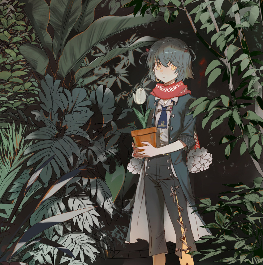1boy absurdres black_hair black_pants blue_coat blue_necktie coat collared_shirt commentary_request drop_earrings earrings expressionless feet_out_of_frame fern flower flower_pot highres hip_vent holding holding_flower_pot jewelry kome_non leaf looking_at_viewer male_focus mashiro_meme mashiro_meme_(1st_costume) necktie nijisanji pants plant plant_request red_nails red_scarf scarf shirt short_hair short_sleeves solo standing suspenders tree tulip two_side_up virtual_youtuber white_flower white_shirt white_tulip yellow_eyes