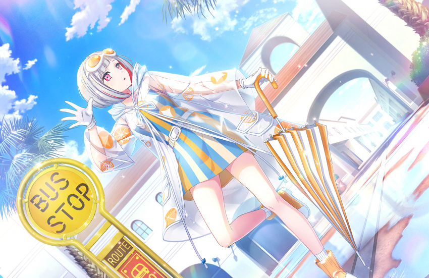 1girl :o ameagari_street_(love_live!) asymmetrical_bangs blue_dress blue_sky bob_cut boots bus_stop closed_umbrella cloud colored_inner_hair diagonal_bangs dress dutch_angle game_cg gloves grey_hair highres holding holding_umbrella inverted_bob leg_up link!_like!_love_live! looking_to_the_side love_live! multicolored_clothes multicolored_dress multicolored_hair official_art orange_dress orange_footwear orange_umbrella puddle red_eyes red_hair see-through see-through_footwear short_dress short_hair sky sleeveless sleeveless_dress socks solo standing standing_on_one_leg streaked_hair striped_clothes striped_dress third-party_source transparent_raincoat two-tone_umbrella umbrella vertical-striped_clothes vertical-striped_dress virtual_youtuber water_drop white_footwear white_gloves white_socks white_umbrella yellow_dress yugiri_tsuzuri