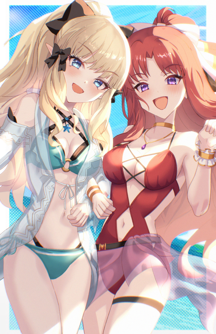 akino_(princess_connect!) akino_(summer)_(princess_connect!) aqua_bikini armlet bikini black_bow blonde_hair blue_eyes bow breasts casual_one-piece_swimsuit clothing_cutout elf flower hair_bow hair_flower hair_ornament hair_up highleg highleg_swimsuit highres jewelry layered_bikini navel navel_cutout neck_ring o-ring o-ring_bikini o-ring_top okg one-piece_swimsuit parted_bangs pointy_ears princess_connect! red_hair red_one-piece_swimsuit saren_(princess_connect!) sarong swimsuit white_bow