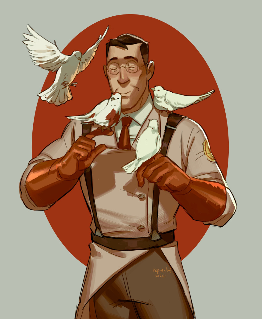 1boy absurdres animal bird blood citrus0lemon closed_eyes cowboy_shot dove glasses gloves highres kiss kissing_animal male_focus mature_male medic medic_(tf2) round_eyewear short_hair smile solo team_fortress_2