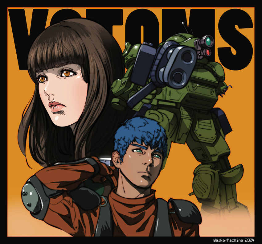 1boy 1girl 2024 armored_trooper artist_name black_border blue_eyes blue_hair blunt_bangs border brown_eyes chirico_cuvie copyright_name dark-skinned_male dark_skin fiana hair_behind_ear jumpsuit long_hair looking_ahead looking_up mecha orange_jumpsuit pilot_suit pink_lips robot scopedog short_hair soukou_kihei_votoms walkermachine