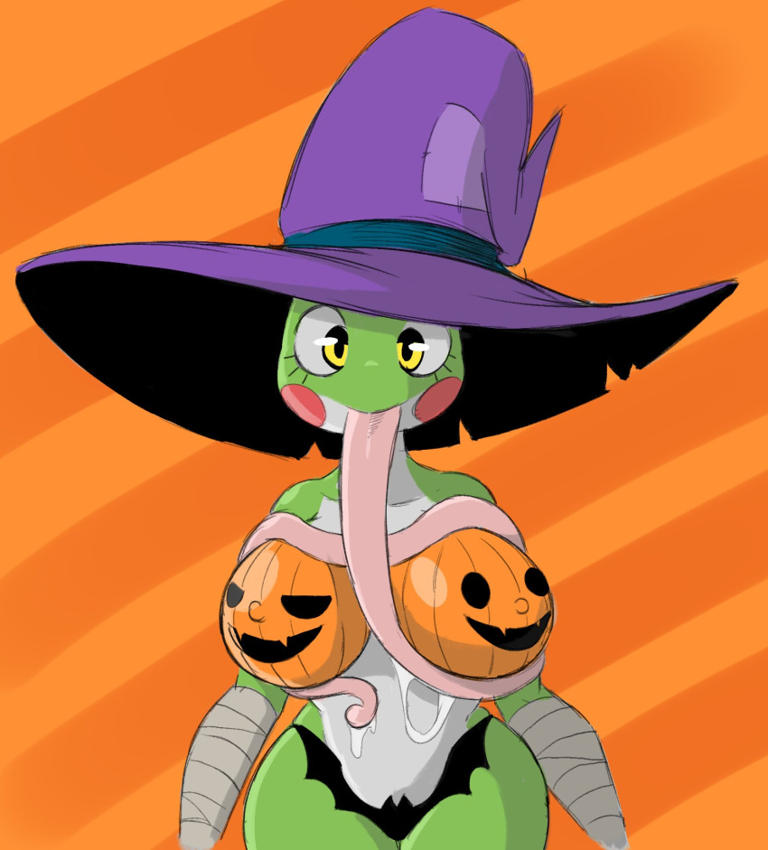 abstract_background amphibian anthro auto_breast_lick big_breasts bikini bikini_bottom biped bodily_fluids bodypaint breast_lick breast_play breasts clothed clothing costume countershade_torso countershading curvy_figure dripping erect_nipples female frog green_body grefina_(noirchaton4) halloween halloween_costume hat headgear headwear hi_res holidays hourglass_figure jack-o'-lantern licking mostly_nude nipples noirchaton4 saliva saliva_drip self_lick solo swimwear tongue topless tree_frog white_body wide_hips witch_hat yellow_eyes