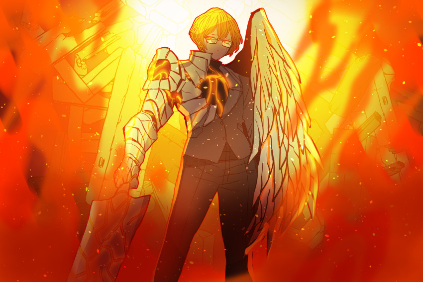 1boy absurdres armor b2k black_pants blonde_hair e.g.o_(project_moon) fire glasses grey_jacket highres jacket library_of_ruina limbus_company pants project_moon short_hair sinclair_(project_moon) single_wing solo sword weapon wings