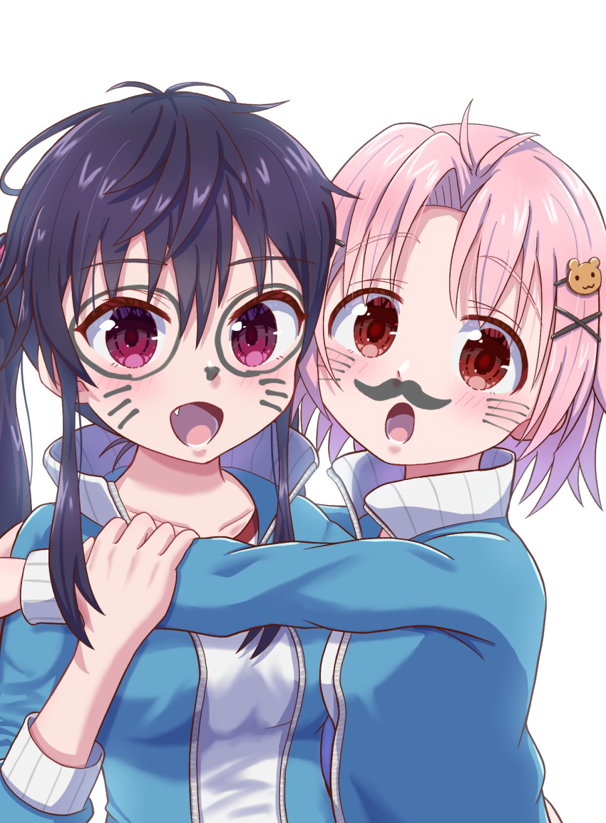 2girls ahoge animal_hair_ornament blue_jacket blush ebisuzawa_kurumi facepaint fang gakkou_gurashi! gym_uniform hair_ornament hand_on_another's_wrist highres hug jacket long_hair looking_at_viewer medium_hair multiple_girls open_clothes open_jacket open_mouth pink_eyes pink_hair purple_eyes purple_hair shirt simple_background takeya_yuki twintails uniform user_pcsh3757 white_background white_shirt x_hair_ornament