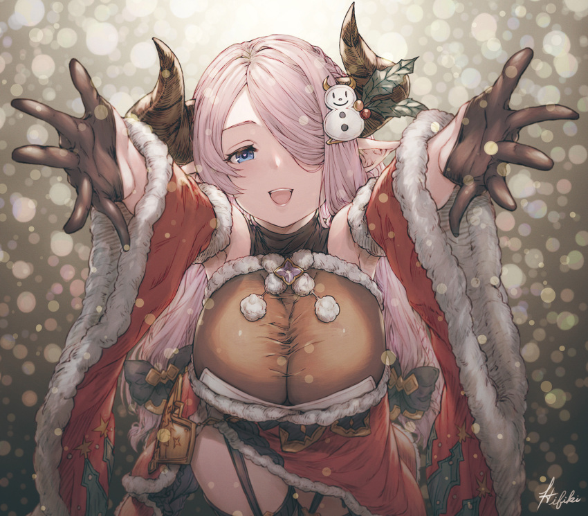 1girl bare_shoulders black_gloves black_thighhighs blue_eyes braid breasts detached_sleeves draph from_above fur-trimmed_sleeves fur_trim garter_straps gloves granblue_fantasy hair_ornament hair_over_one_eye heart heart-shaped_pupils highres holly horns incoming_hug ivris large_breasts long_hair long_sleeves looking_at_viewer narmaya_(granblue_fantasy) narmaya_(holiday)_(granblue_fantasy) obi official_alternate_costume open_mouth outstretched_arms outstretched_hand pink_hair pointy_ears pom_pom_(clothes) sash smile snowman_hair_ornament solo symbol-shaped_pupils thighhighs upper_body very_long_hair