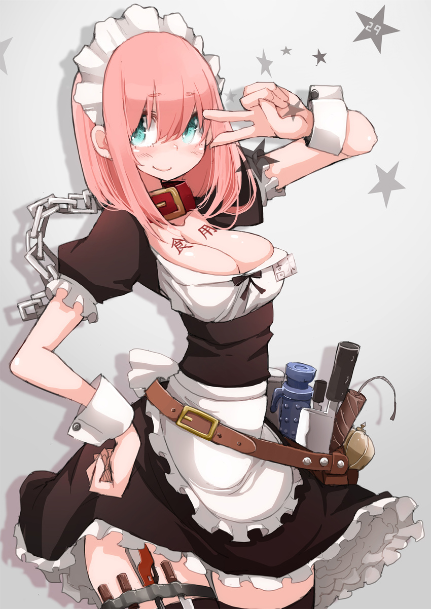 apron belt blue_eyes blush breasts chain cleavage collar detached_sleeves dildo dynamite frilled_skirt frills highres knife large_breasts maid maid_headdress original pink_hair skirt solo star takagi_(tansuke) tansuke thigh_strap thighhighs v waist_apron wrist_cuffs