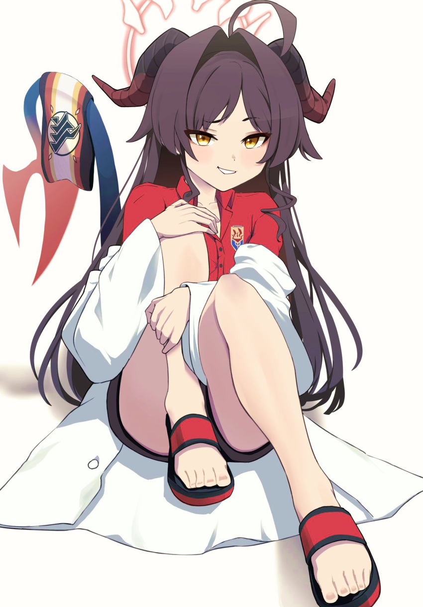 1girl :d ass black_hair black_shorts blue_archive breast_pocket collarbone collared_shirt commentary_request demon_girl demon_horns demon_tail hair_between_eyes halo highres horns hugging_own_legs kasumi_(blue_archive) keke_(user_djyu7823) knee_to_chest knees_up lab_coat long_hair long_sleeves looking_at_viewer pocket red_shirt sandals school_uniform shirt short_shorts shorts sidelocks simple_background sitting smile solo tail toes white_background yellow_eyes
