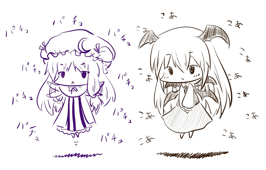 :&lt; :x bat_wings capelet chibi commentary_request crescent dress flapping floating fuugetsu_oreha_ikiru hair_ribbon hat hat_ornament head_wings koa_(phrase) koakuma long_hair long_sleeves low-tied_long_hair mob_cap monochrome multiple_girls necktie patchouli_knowledge ribbon sidelocks simple_background skirt skirt_set striped striped_dress touhou translated tress_ribbon v_arms vertical_stripes very_long_hair vest waving_arms white_background wings