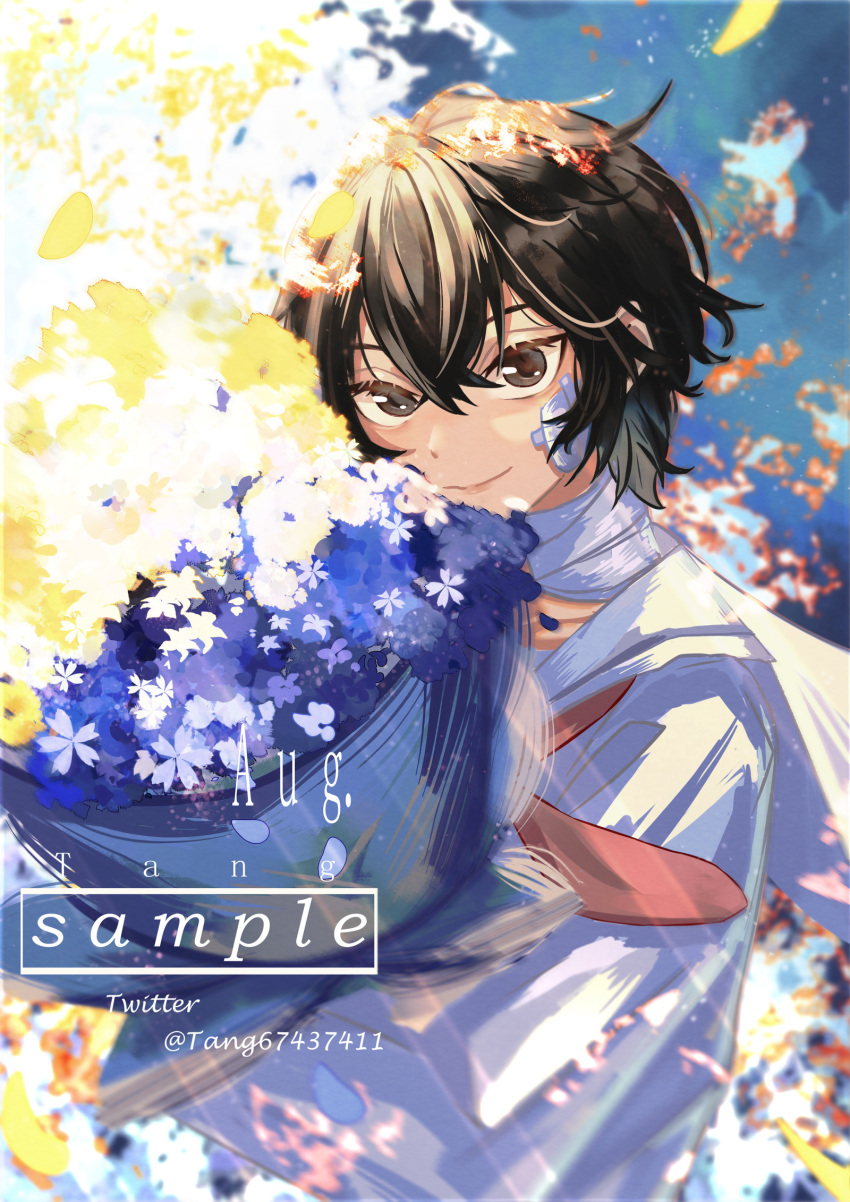 1boy artist_name bandaged_neck bandages bandaid bandaid_on_cheek bandaid_on_face bishounen blue_background bouquet brown_eyes brown_hair bungou_stray_dogs chinese_commentary closed_mouth collared_shirt commentary dazai_osamu_(bungou_stray_dogs) eyelashes flower hair_between_eyes highres holding holding_bouquet light_particles lips looking_at_viewer male_focus neckerchief petals purple_flower red_neckerchief sailor_collar sailor_shirt sample_watermark sanshui_guantang shirt short_hair short_sleeves smile solo sunlight tree twitter_username upper_body watermark white_sailor_collar white_shirt white_sleeves