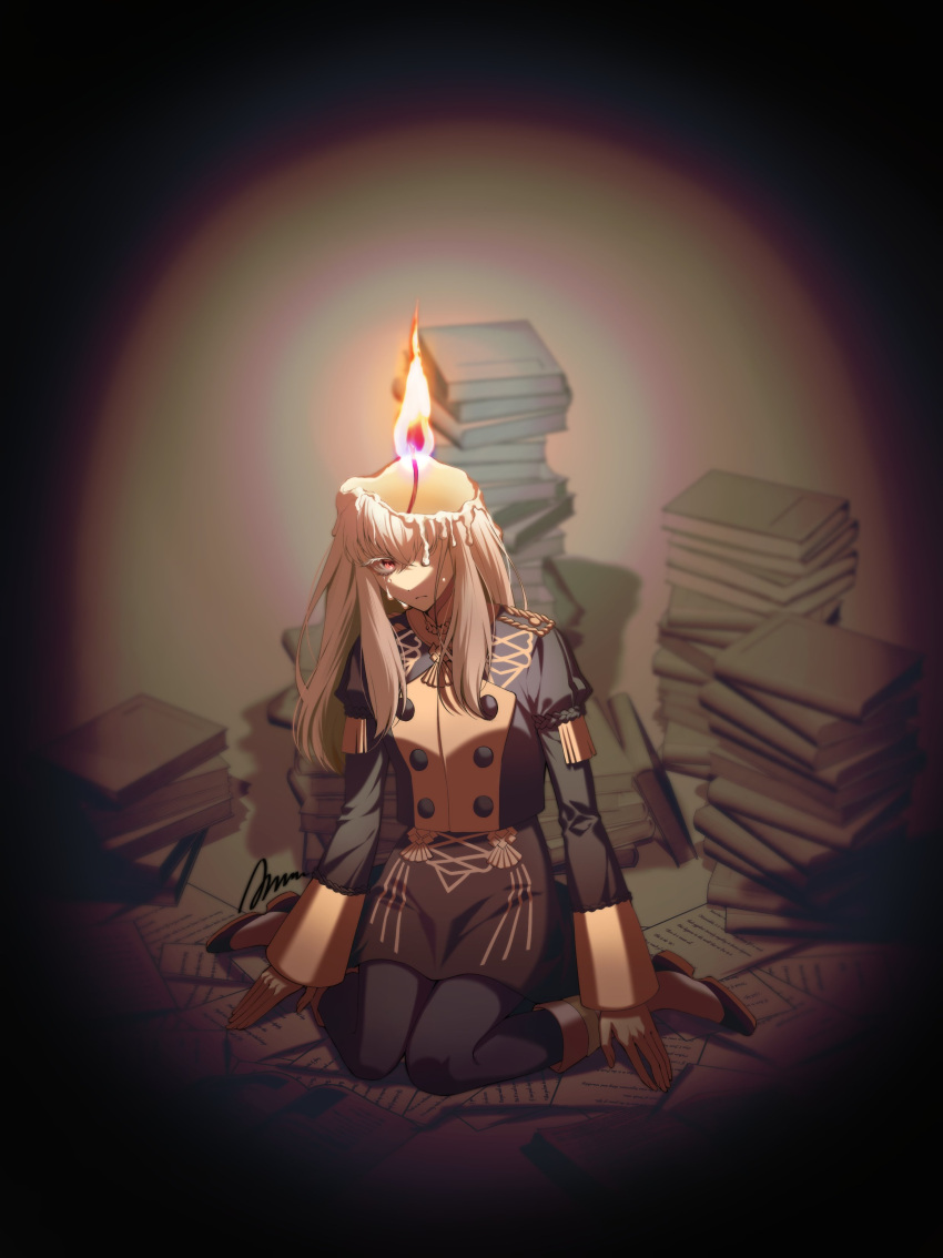 1girl a_(asan_a_aa) absurdres book book_stack candle candle_wax closed_mouth commentary_request crossed_bangs fire fire_emblem fire_emblem:_three_houses full_body garreg_mach_monastery_uniform hair_between_eyes highres long_hair lysithea_von_ordelia red_eyes sitting sleeves_past_wrists solo white_hair