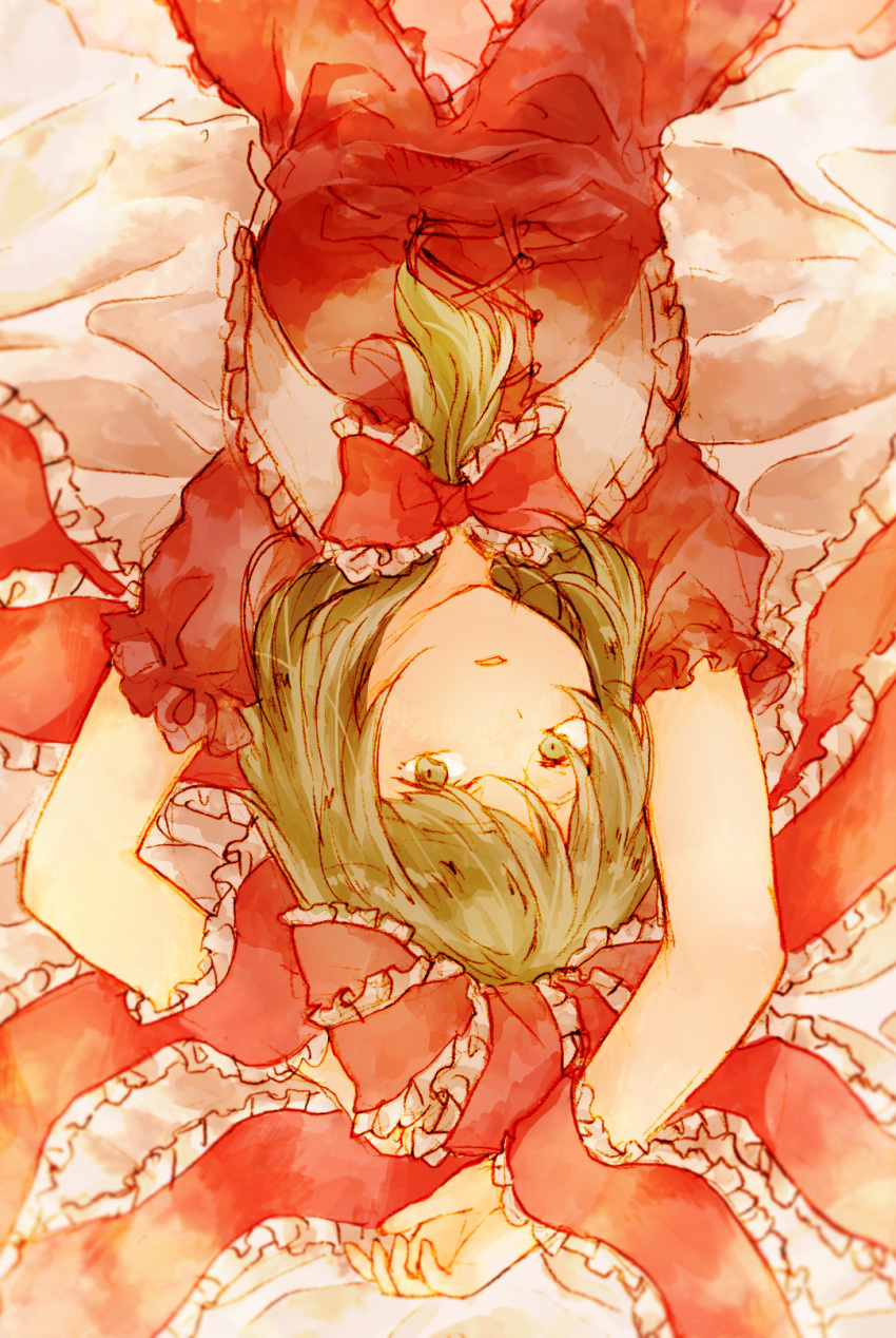 1girl arm_ribbon bow frilled_bow frilled_ribbon frills front_ponytail green_eyes green_hair hair_bow hair_ribbon highres hinase_kaguya kagiyama_hina looking_at_viewer lying puffy_short_sleeves puffy_sleeves red_bow red_ribbon ribbon short_sleeves solo touhou upper_body upside-down