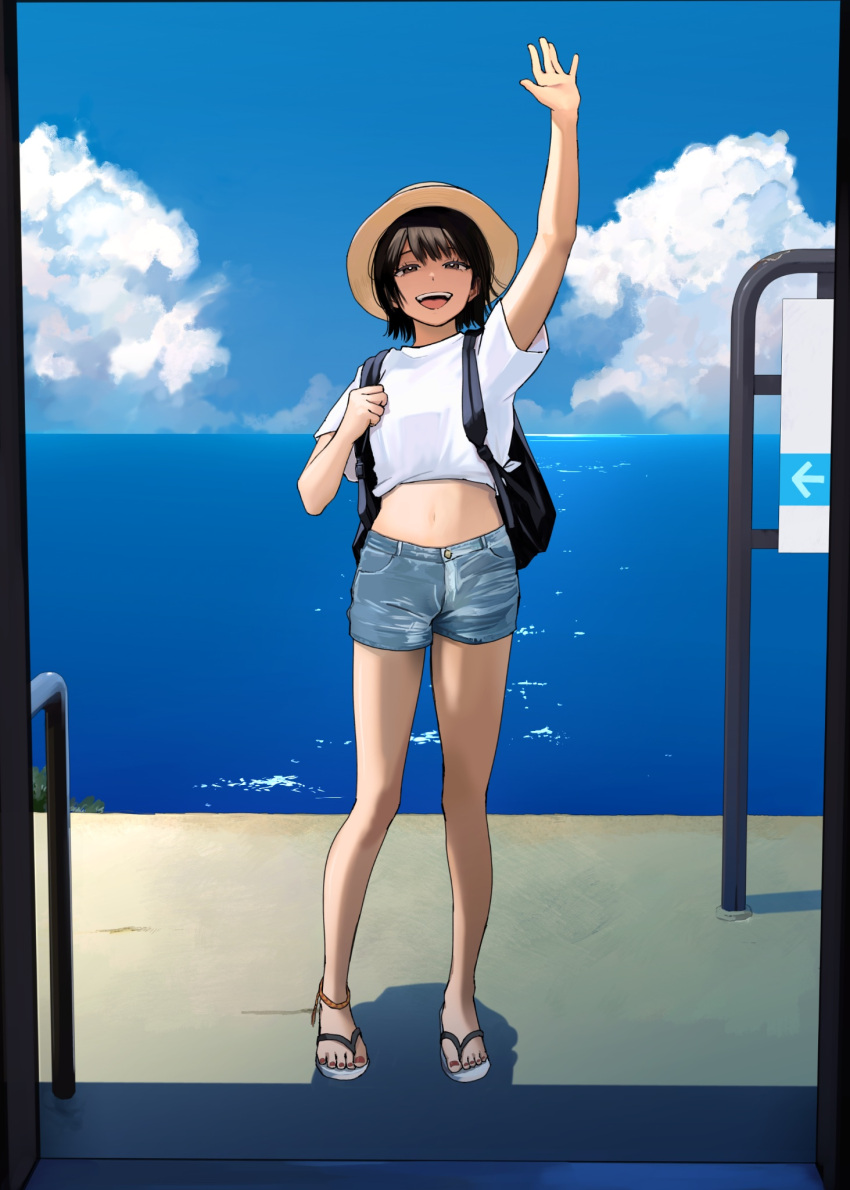 1girl anklet arm_up backpack bag black_bag black_hair blue_shorts blue_sky brown_eyes cloud commentary_request day denim denim_shorts full_body half-closed_eyes hat highres holding_strap horizon jewelry looking_at_viewer midriff mmmo3 navel no_socks ocean open_mouth original outdoors sandals shirt short_hair short_sleeves shorts shoulder_strap sign sky smile solo standing sun_hat t-shirt tied_shirt train_station_platform waving