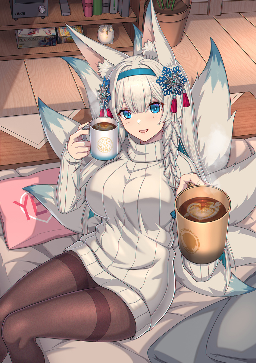 1girl animal_ear_fluff animal_ears black_pantyhose blue_eyes braid breasts clover_theater coffee cup fox_ears fox_girl fox_tail heart highres holding holding_cup indoors katsuya_(clover_theater) large_breasts long_hair looking_at_viewer multiple_tails nairobi_song on_bed open_mouth pantyhose pointy_ears ribbed_sweater sidelocks sitting smile solo steam sweater tail twin_braids white_hair white_sweater white_tail yes yes-no_pillow